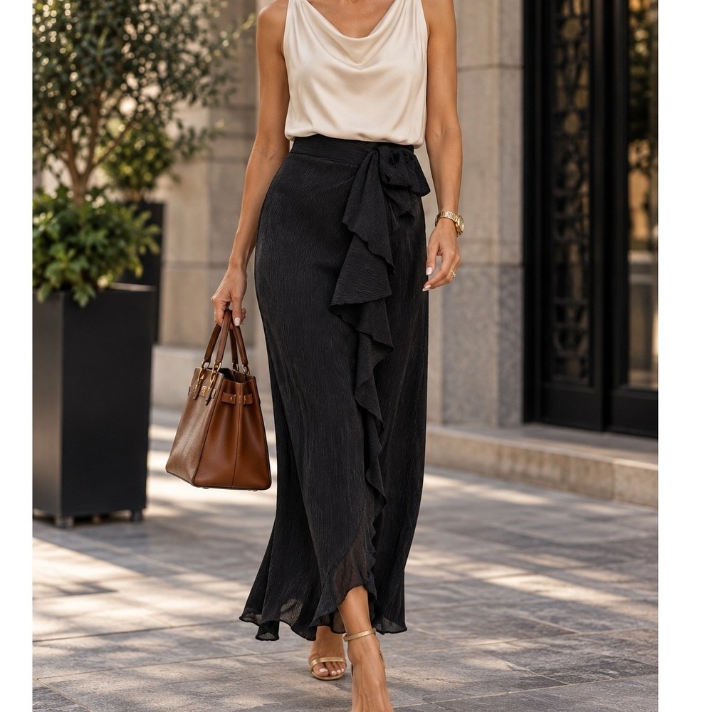 Oh Polly Black Plisse Ruffle Front Maxi Skirt US 6 UK 10 High Waist Column Skirt